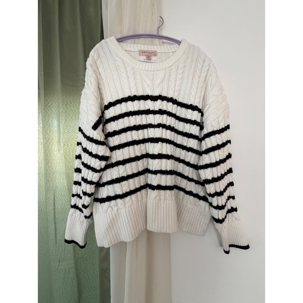 Philosophy Cable Knit Sweater Womens‎ XL White Black Striped Pullover Tennis